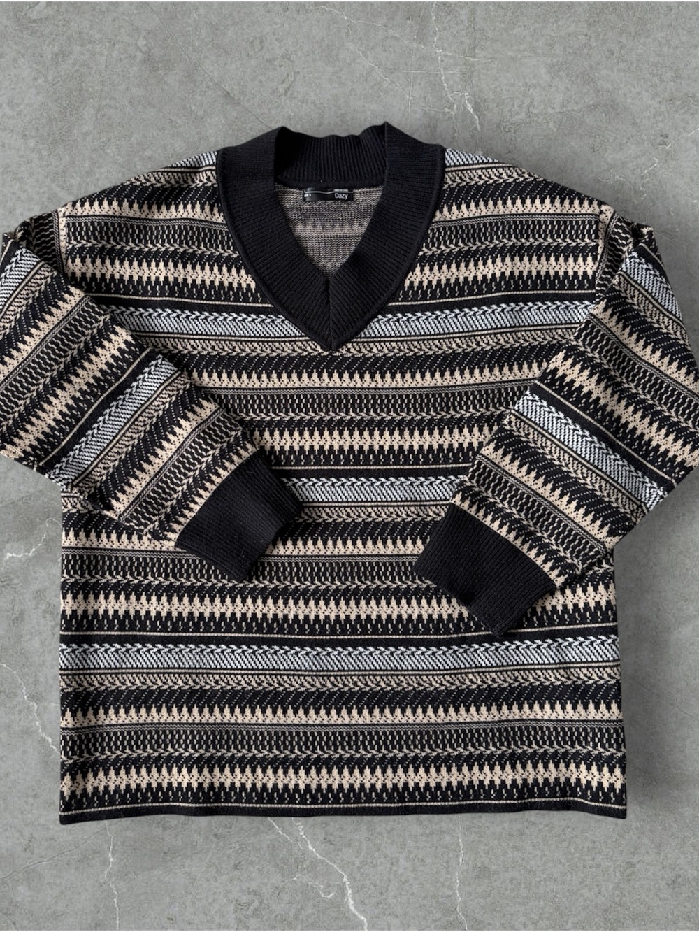 Woman’s V-Neck Patterned Sweater in Black and Cream